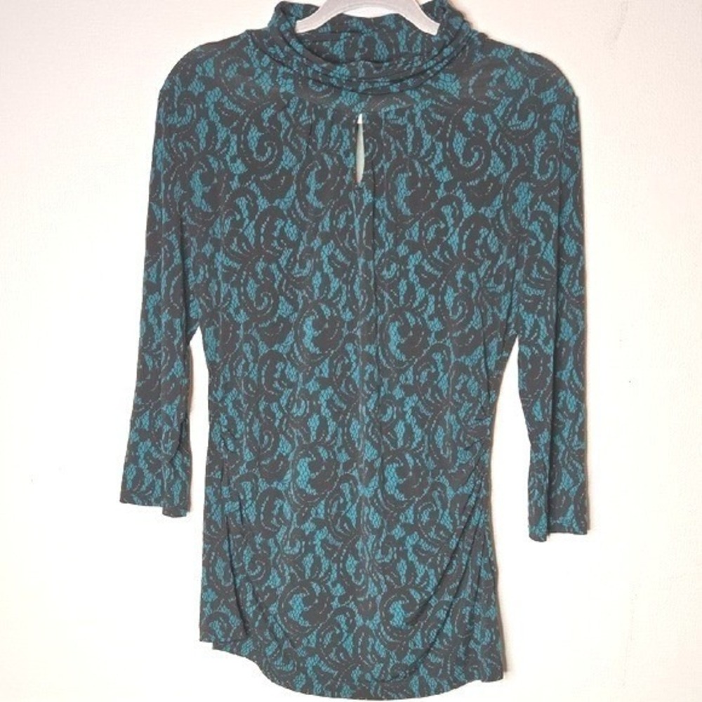 New York & Company Stretch Damask Blouse, Romantic Dark Lace, Teal/Black, Medium